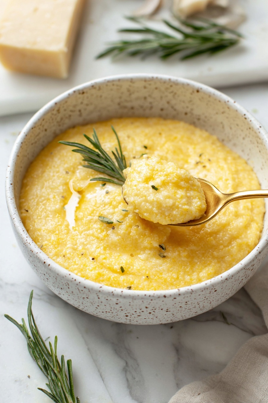 Creamy Polenta with Parmesan Cheese, creamy polenta recipe, cheesy polenta dish, Italian-style polenta, easy polenta side dish - The image shows a white pot with a black rim filled with a thick, creamy yellow porridge that has a slightly grainy texture. A wooden spoon is lifted above the pot, holding a scoop of the porridge, showing its dense and smooth consistency with small, visible corn grains. The scene is set on a white marbled surface, and there are small bowls of ingredients blurred in the background. The lighting is soft and natural, highlighting the warm color and texture of the porridge. photo taken with an iphone --ar 2:3 --v 7