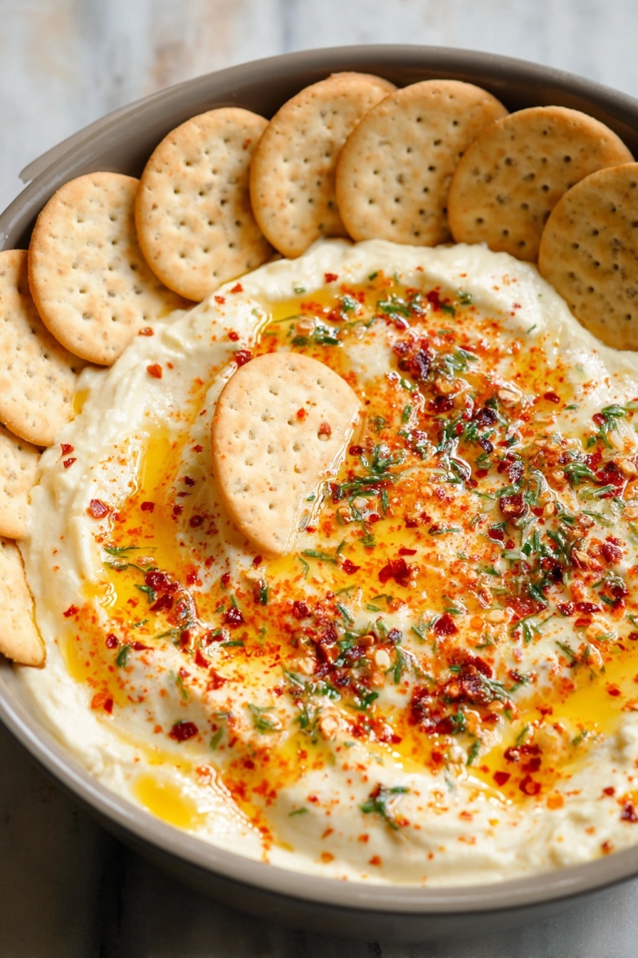 Vegan Brie Dip with Pepper Jelly, vegan cheese dip, plant-based party dip, dairy-free cheese appetizer, easy vegan dip - A shallow gray pan holds a creamy, smooth white dip as the base layer, topped with bright golden orange oil drizzles and sprinkled with red chili flakes and green herb bits scattered across the surface. Around the edge of the dip, there are two neat rows of round, crunchy crackers with a light tan color and small seeds visible. One cracker is partly dipped into the creamy layer near the center, resting flat. The background is a white marbled texture. Photo taken with an iphone --ar 2:3 --v 7