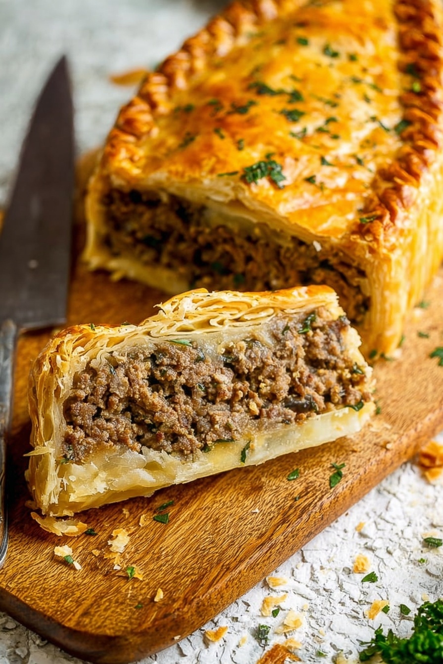 Vegan Wellington, vegan savory pastry, plant-based Wellington, vegan puff pastry dish, vegan holiday main course - A slice of savory meat pie sits on a wooden board, revealing two distinct layers: a golden-brown, flaky top crust sprinkled with chopped green herbs, and beneath it a thick, dense filling of finely ground cooked meat mixed with more herbs and spices. The bottom crust is lightly browned and flaky, holding the filling firmly. A silver fork is pressed into the filling of the front slice, while the rest of the pie remains whole in the background, showing the textured top crust and some scattered herbs and crumbs around. The overall look is warm and inviting with a mix of crumbly and meaty textures. Photo taken with an iphone --ar 2:3 --v 7