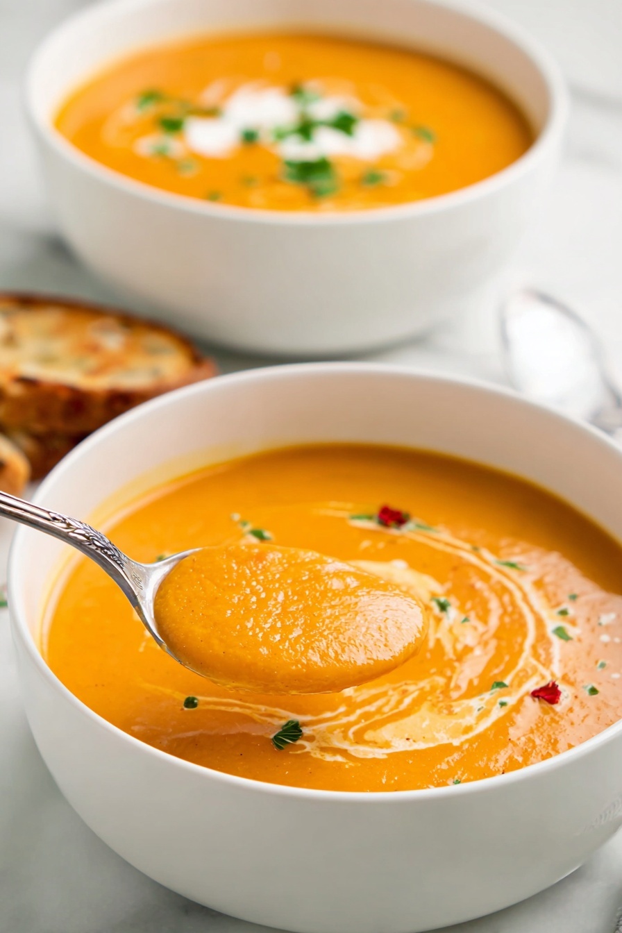 Roasted Red Pepper Gouda Soup, roasted red pepper soup, creamy red pepper soup, gouda cheese soup, easy roasted red pepper soup - Two white bowls filled with smooth orange soup sit on a white marbled surface. The bowl in front has a spoon lifting some thick, creamy soup that shows a light swirl of cream on top. Small bits of green herbs and a tiny spot of red add color to the soup near the edge of the bowl. Behind it, the second bowl also has an orange soup with cream and green herbs. A piece of toasted bread is partly visible next to the bowls. photo taken with an iphone --ar 2:3 --v 7