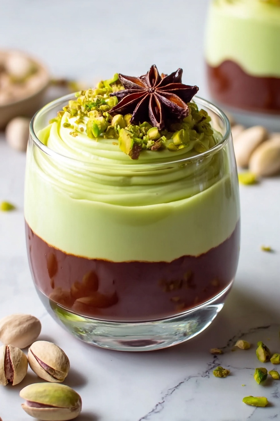 Pistachio Mousse with Chocolate Ganache, pistachio mousse dessert, chocolate ganache recipe, elegant pistachio dessert, easy mousse with chocolate - The image shows a clear glass filled with two layers of dessert placed on a white marbled surface. The bottom layer is a smooth, dark brown chocolate layer with a shiny texture. On top of this is a thick, pale green layer that looks creamy and soft, swirled into a round shape with a slight peak at the center. The top is decorated with crushed pistachio nuts and a star anise placed in the middle. Some pistachio nuts with shells are scattered around the glass. Photo taken with an iphone --ar 2:3 --v 7