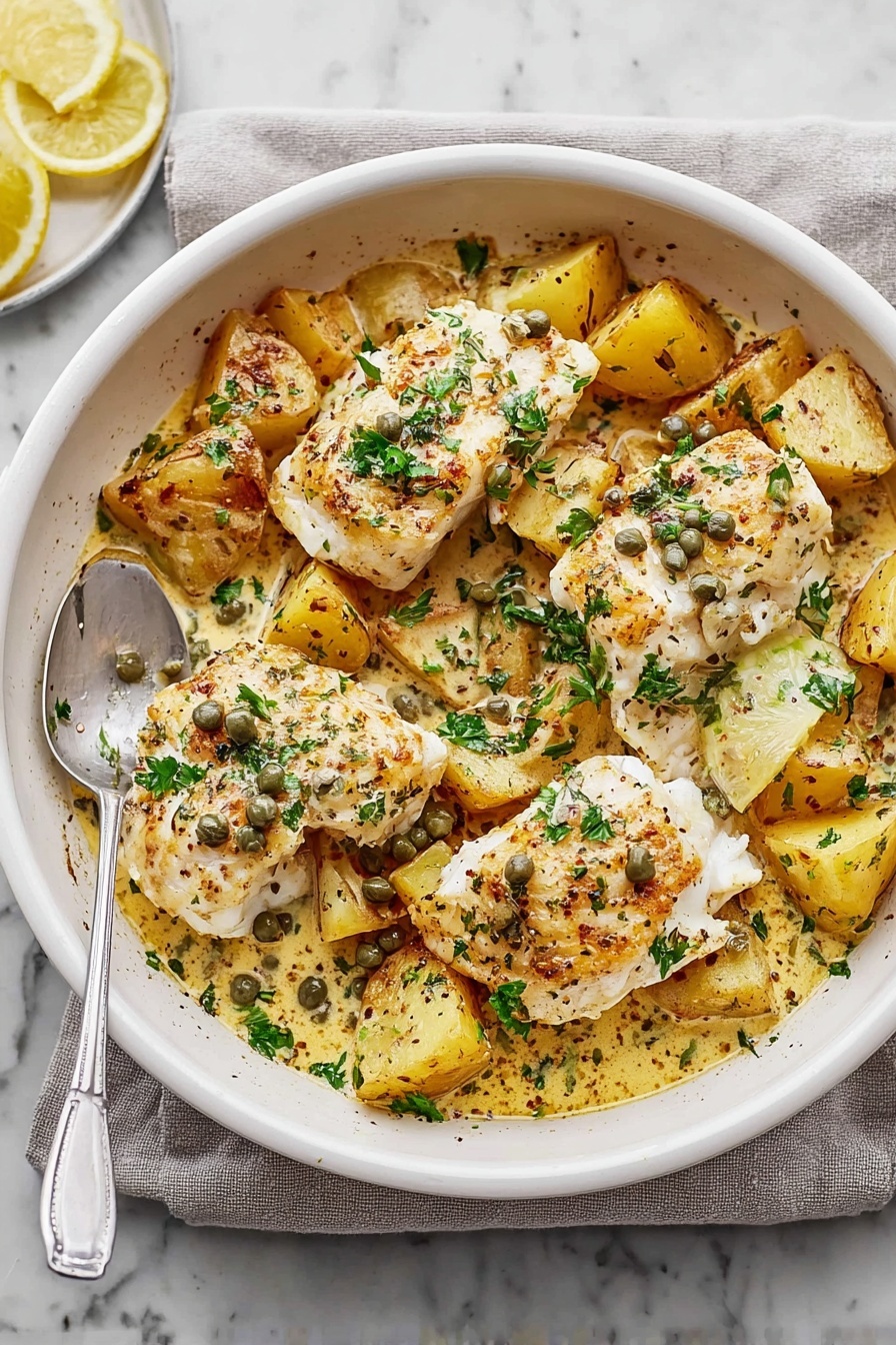 Cod & Potatoes in Rosemary Cream Sauce, cod and potato dinner, rosemary cream sauce recipe, easy seafood recipes, comforting fish and potato dishes - A white rectangular baking dish filled with four thick pieces of white fish on top, surrounded by golden roasted potato chunks. The fish and potatoes are covered with a creamy sauce sprinkled with green herbs and dark green capers. A few lemon slices are placed in the bottom left corner of the dish. A large silver spoon rests on the right side inside the baking dish, slightly on top of the potatoes. The whole dish sits on a white marbled surface. Photo taken with an iphone --ar 2:3 --v 7