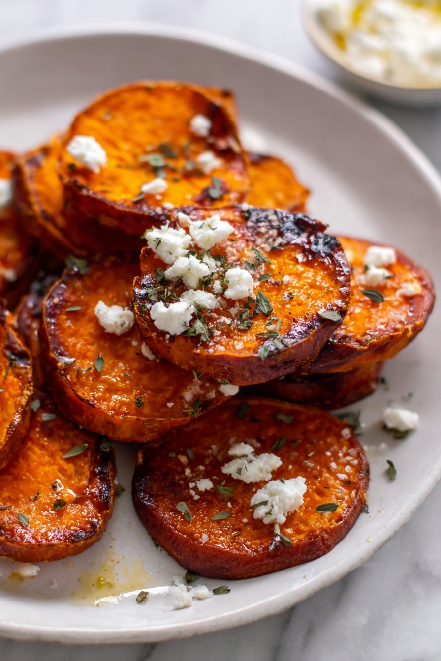 Roasted Sweet Potato Rounds with Honey and Feta, roasted sweet potato snack, sweet potato appetizer, honey feta sweet potato, savory sweet potato bites - The image shows a white plate filled with about two layers of roasted sweet potato rounds, each round having a deep orange color with charred edges. The top layer of rounds is garnished with small crumbles of white cheese and scattered green herb leaves. The sweet potato slices have a slightly shiny surface, indicating a light glaze or oil. The plate rests on a white marbled surface. Photo taken with an iphone --ar 2:3 --v 7