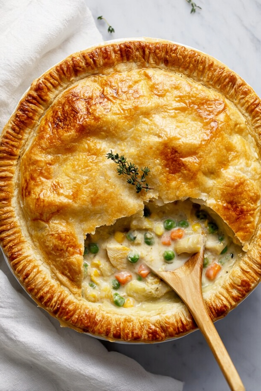 Creamy Chicken Pot Pie with Puff Pastry, Chicken Pot Pie, Puff Pastry Chicken Pie, Comfort Food Recipes, Easy Chicken Pie - A golden brown pie with a flaky, slightly cracked crust covers the top. Near one side, there is a round opening showing a creamy filling with white chunks, green peas, small orange pieces, and light yellow cubes, likely vegetables. A wooden spoon rests inside the opening, partly buried in the filling. A small sprig of green thyme is placed on top of the crust. The pie is on a white marbled surface with a white cloth nearby, adding softness to the scene. photo taken with an iphone --ar 2:3 --v 7