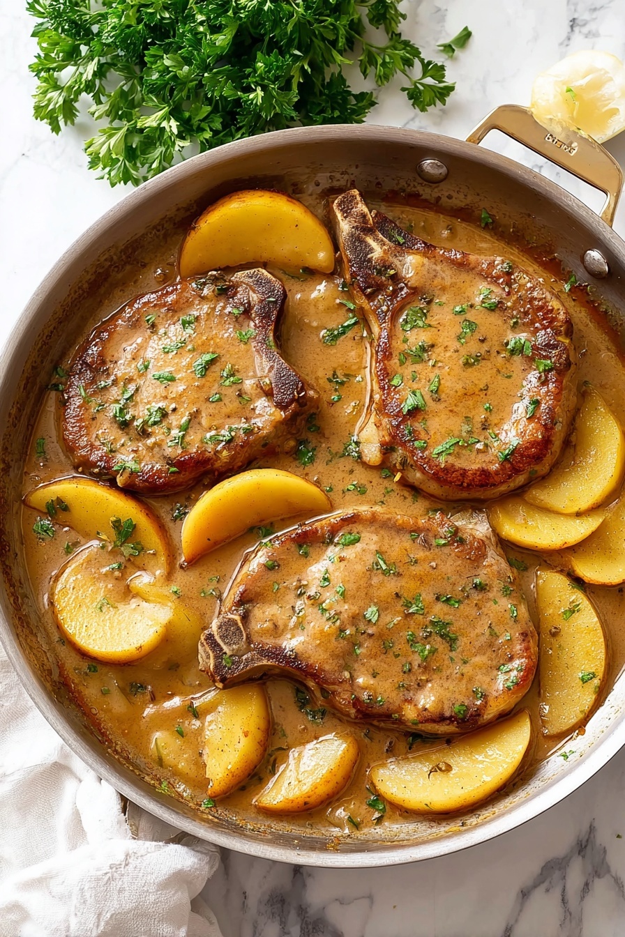 Apple Pork Chops with White Wine Sauce, pork chop recipes with apples, easy pork chop dinner, flavorful pork chop recipes, white wine pork dishes - A silver pan filled with three brown pork chops covered in a thick, light brown sauce sprinkled with small green herb bits. Around the pork chops are many slices of soft yellow apples soaking in the sauce. The texture of the sauce is smooth and shiny, coating the meat and apples evenly. The pan rests on a white marbled surface with a bunch of fresh green parsley on the side, and a white cloth nearby. Photo taken with an iphone --ar 2:3 --v 7