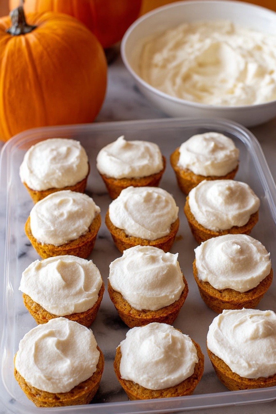 Flourless Pumpkin Muffins, gluten-free pumpkin muffins, healthy fall muffins, pumpkin breakfast treats, easy pumpkin muffin recipe - The image shows a clear plastic container filled with twelve small cupcakes arranged in three rows of four. Each cupcake has two layers: a golden orange base with a slightly crumbly texture and a thick layer of white frosting spread smoothly on top. The frosting covers the entire top surface of each cupcake with a slightly swirled pattern. In the background, there is an orange pumpkin on the left and a white bowl filled with more white frosting on the right, all placed on a white marbled surface. photo taken with an iphone --ar 2:3 --v 7