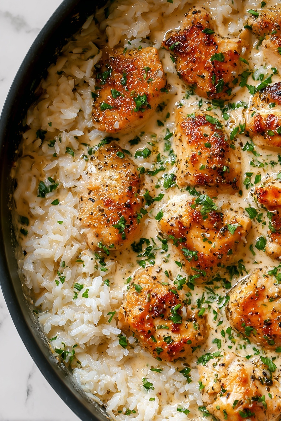 Creamy Herb Chicken Over Basmati Rice, creamy herb chicken recipe, herb chicken with rice, easy creamy chicken dinner, flavorful chicken and rice dish - The image shows a close-up of a cooked dish in a pan with pieces of browned chicken on top of a bed of white rice. The chicken pieces have a golden-brown color with a slightly crispy texture spotted with herbs. The rice underneath is fluffy and white with some grains coated in a light creamy sauce. The dish is garnished with small bits of fresh green herbs scattered across the surface, adding a fresh contrast to the creamy and golden tones. The background surface is a white marbled texture. Photo taken with an iphone --ar 2:3 --v 7