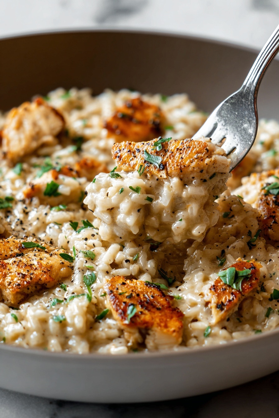 Creamy Herb Chicken Over Basmati Rice, creamy herb chicken recipe, herb chicken with rice, easy creamy chicken dinner, flavorful chicken and rice dish - The image shows a close-up of a white skillet filled with creamy risotto layered with pieces of golden brown, seared chicken scattered on top. The risotto is thick and creamy with a light beige color, speckled with black pepper and garnished with small green herbs. A silver fork lifts a portion of the creamy risotto and chicken, showing the soft texture of the rice and tender chicken pieces. The background and surface beneath the skillet are white with a marbled texture. photo taken with an iphone --ar 2:3 --v 7