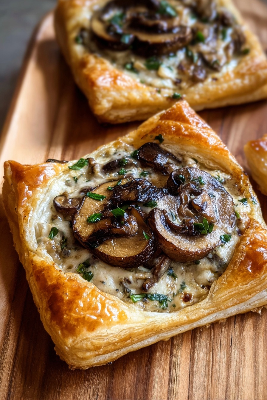 Mushroom and Goat Cheese Puff Pastry Tarts, Mushroom and Goat Cheese Appetizers, Savory Puff Pastry Tart Recipes, Easy Mushroom Tart Ideas, Gourmet Mushroom and Goat Cheese Bites - Five small square-shaped pastries are arranged side by side on a wooden board placed on a white marbled surface. Each pastry has one thick, golden-brown puff pastry base layer with a slightly shiny, flaky texture. On top, there is a creamy sauce layer mixed with chopped green herbs, followed by a layer of sliced cooked mushrooms in brown and beige shades, scattered unevenly but fully covering the sauce. The edges of the pastry are puffed up and crispy, creating a raised border around the toppings. The photo taken with an iphone --ar 2:3 --v 7