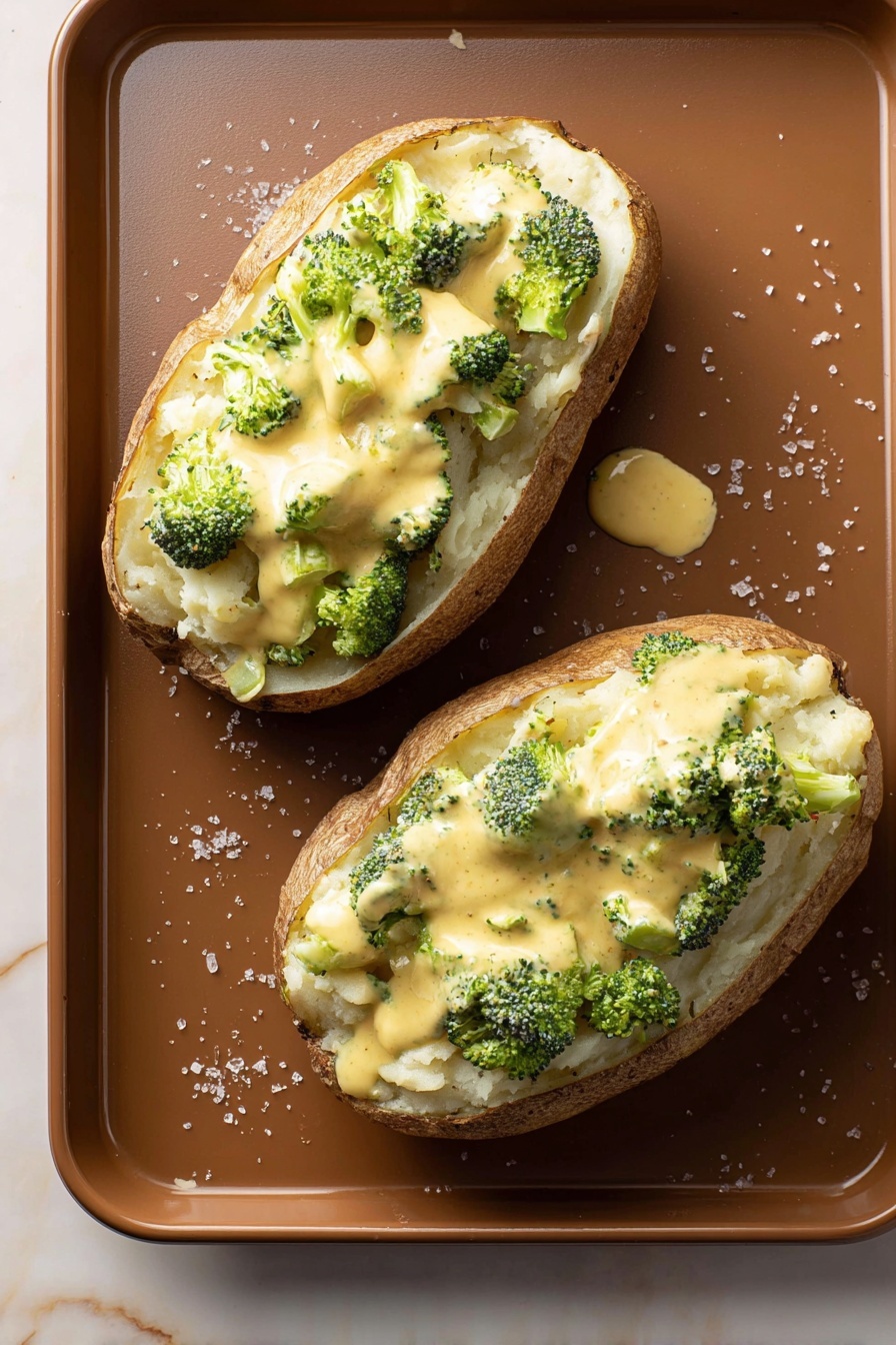 Cheesy Broccoli Baked Potatoes, broccoli stuffed baked potatoes, cheesy stuffed potatoes, healthy baked potato recipes, easy cheesy broccoli dinner - Two baked potatoes are placed open on a brown baking tray, each with three visible layers. The bottom layer is the potato skin in a light brown color, the middle layer is soft white mashed potato, and the top layer is a creamy yellow cheese sauce with small bright green broccoli pieces mixed in. The sauce is slightly spilling onto the tray, and some salt grains are scattered around. The tray sits on a white marbled texture. Photo taken with an iphone --ar 2:3 --v 7