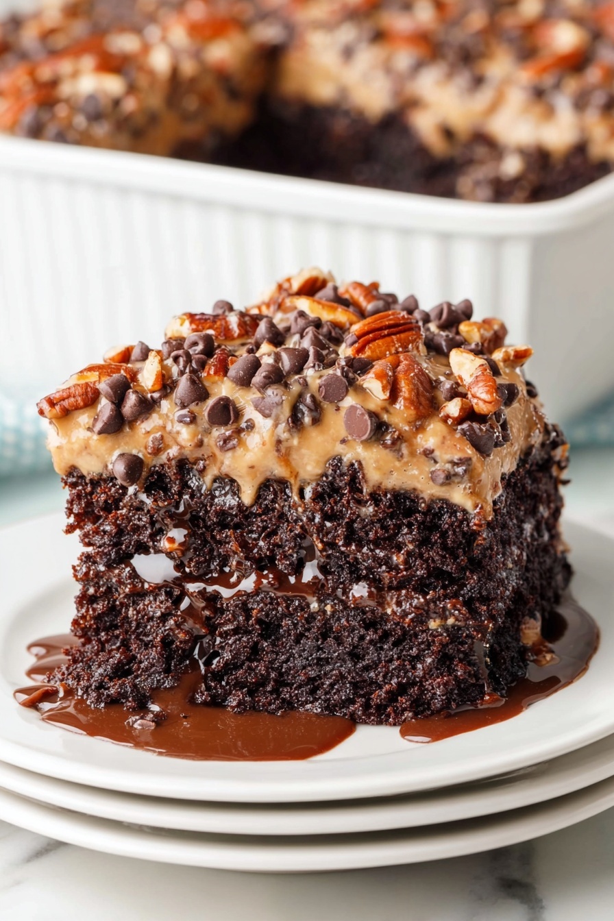 German Chocolate Poke Cake, chocolate poke cake, coconut pecan frosting cake, easy German chocolate cake, decadent poke cake dessert - A slice of rich dark chocolate cake sits on a white plate with three stacked white plates underneath, on a white marbled surface. The cake has one thick layer of moist, dark chocolate cake with a slightly shiny texture. On top is a layer of light caramel-colored frosting covered with chocolate chips and whole pecans scattered evenly across. There is some chocolate sauce pooling around the base of the slice, adding a shiny, wet look. In the background, more of the cake is seen in a white baking dish. Photo taken with an iphone --ar 2:3 --v 7