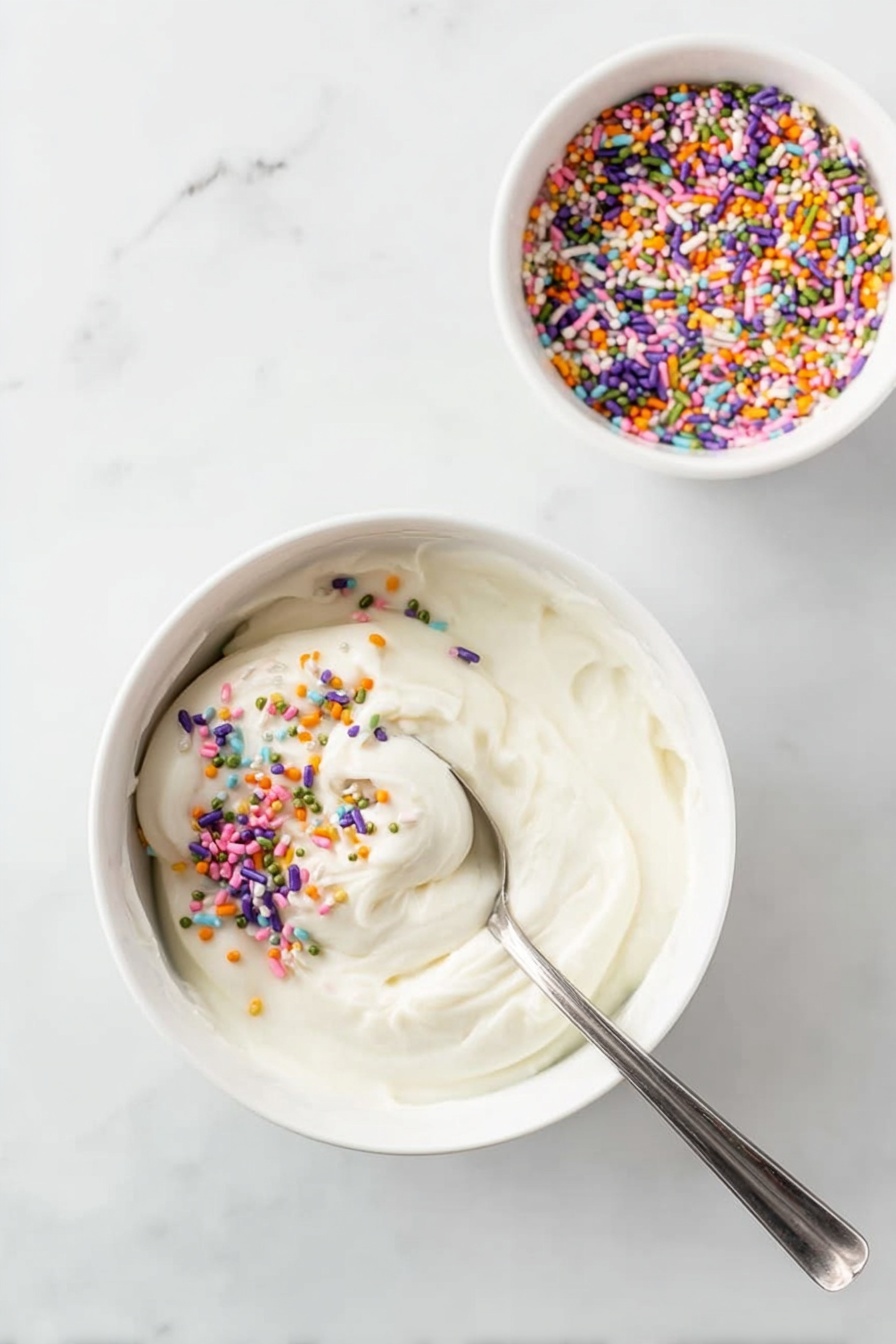 Protein Dunkaroo Dip, healthy protein dip, easy snack, Greek yogurt dip, kid-friendly party dip - A white bowl filled with thick white frosting, with a silver spoon partially dipped inside and covered with colorful rainbow sprinkles in purple, orange, green, pink, and blue, sitting on a white marbled surface. Next to the bowl, there is a smaller white bowl filled with the same rainbow sprinkles. The frosting looks smooth and creamy with some soft ridges where the spoon has moved. Photo taken with an iphone --ar 2:3 --v 7