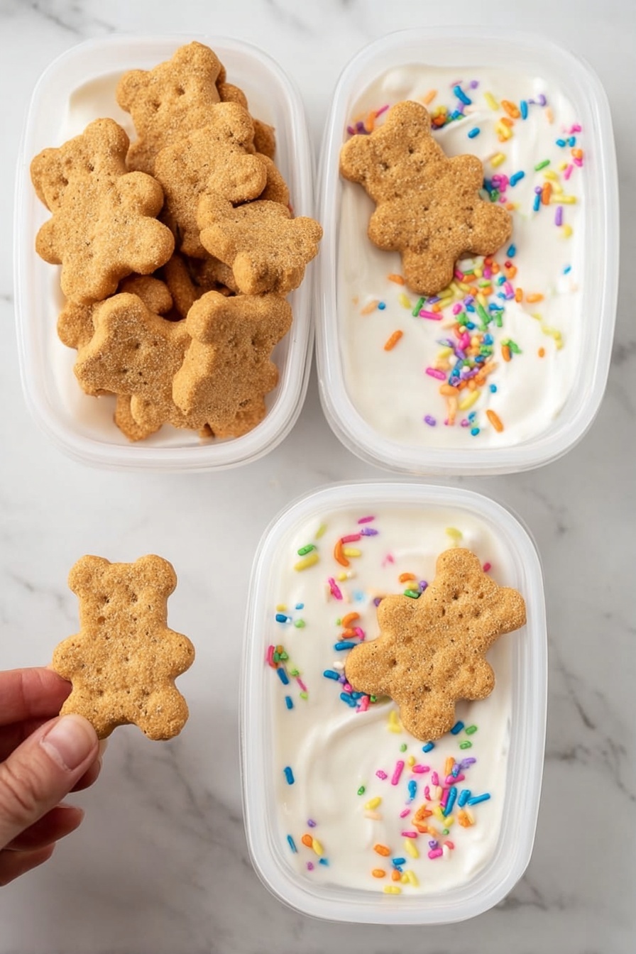 Protein Dunkaroo Dip, healthy protein dip, easy snack, Greek yogurt dip, kid-friendly party dip - The image shows two pairs of white plastic containers placed on a white marbled surface. Each pair contains teddy bear-shaped graham crackers in one compartment and creamy white yogurt with colorful sprinkles in the other. Each yogurt section has a single teddy bear cracker placed on top. The teddy bear crackers are golden brown with a slightly rough texture, while the yogurt is smooth and thick with vibrant rainbow sprinkles scattered on the surface. A woman's hand holds one teddy bear cracker near the bottom left container, ready to dip it into the yogurt. Photo taken with an iphone --ar 2:3 --v 7