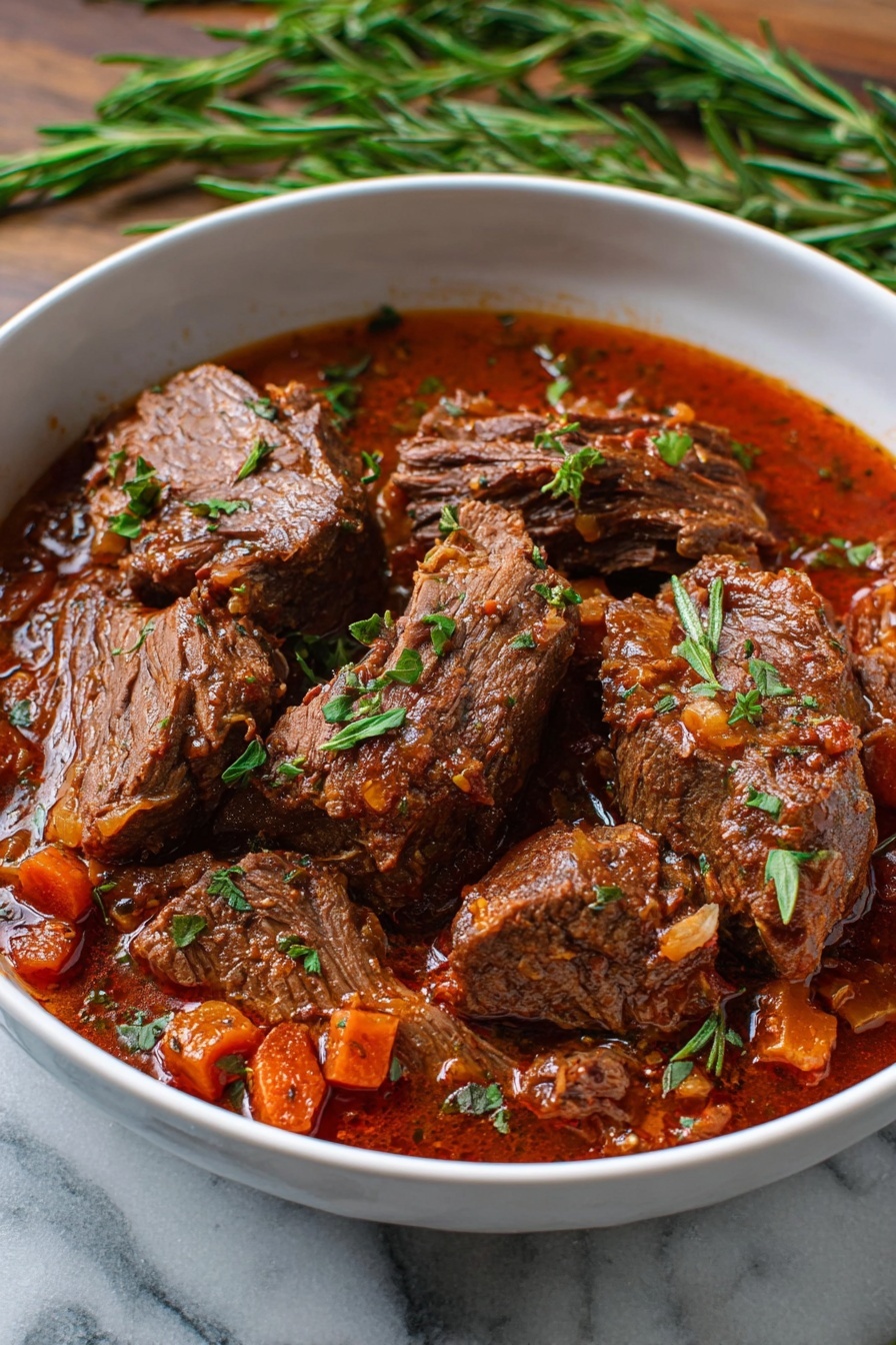 Italian Pot Roast, Italian Pot Roast Recipe, Italian Beef Roast, Slow Cooked Italian Beef, Italian-style Roast Beef - A white bowl filled with a thick red-brown stew containing several large pieces of cooked beef. The beef pieces have a firm texture with some visible fibers, and they are sitting partially submerged in the rich sauce that has visible chunks of orange carrots and small bits of herbs and onions. The dish is garnished with small green herb leaves scattered over the top. The bowl is placed on a white marbled surface with a sprig of green rosemary nearby. Photo taken with an iphone --ar 2:3 --v 7