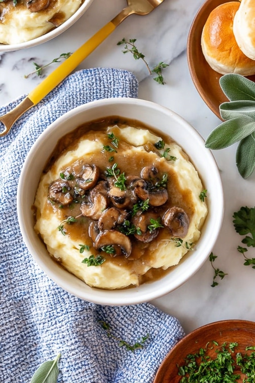 Mushroom Gravy, mushroom gravy recipe, vegetarian mushroom gravy, easy mushroom gravy, flavorful mushroom sauce - The image shows a white bowl filled with creamy, smooth mashed potatoes as the base layer. On top, there is a thick brown mushroom gravy with sliced mushrooms in it, spread over the center. Small green herb leaves are scattered on the gravy and mashed potatoes for garnish. The bowl is placed on a white marbled surface with a blue knitted cloth and a white and blue checkered napkin nearby. A fork and a knife with a yellow handle rest on the napkin. In the background, there is another bowl with a similar serving and two golden brown rolls. A wooden plate with chopped green herbs and a fresh sage leaf are also visible. Photo taken with an iphone --ar 2:3 --v 7