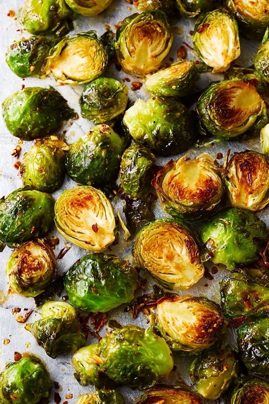Balsamic Roasted Brussels Sprouts with Pecans and Cranberries, Brussels Sprouts side dish, roasted Brussels sprouts with berries and nuts, easy Brussels sprouts recipe, festive vegetable side - The image shows many roasted Brussels sprouts spread out on a metal tray. Each Brussels sprout is cut in half, with the inner layers showing a mix of light yellow and golden brown where they are roasted, and the outer leaves a deep green, some with a bit of crisp and char. The texture of the sprouts is slightly wrinkled and caramelized, revealing a tender inside and crispy edges. Small bits of seasoning and oil drops are visible on the tray, adding to the roasted appearance. The background is a white marbled texture. photo taken with an iphone --ar 2:3 --v 7