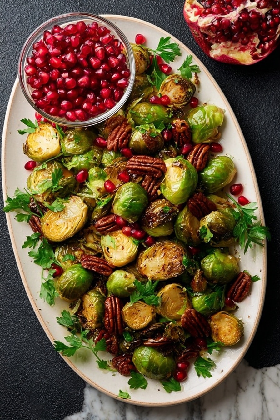 Balsamic Roasted Brussels Sprouts with Pecans and Cranberries, Brussels Sprouts side dish, roasted Brussels sprouts with berries and nuts, easy Brussels sprouts recipe, festive vegetable side - A large oval white plate holds roasted Brussels sprouts, some whole and some cut in half, showing a golden-brown crispy texture on the flat sides. Mixed among the sprouts are bright red pomegranate seeds and whole brown pecans scattered evenly over the dish. A few sprigs of fresh green parsley add a pop of color on top. At the top edge of the plate sits a clear round bowl filled with more red pomegranate seeds. The plate is on a dark surface with a white marbled texture visible around the edges. photo taken with an iphone --ar 2:3 --v 7