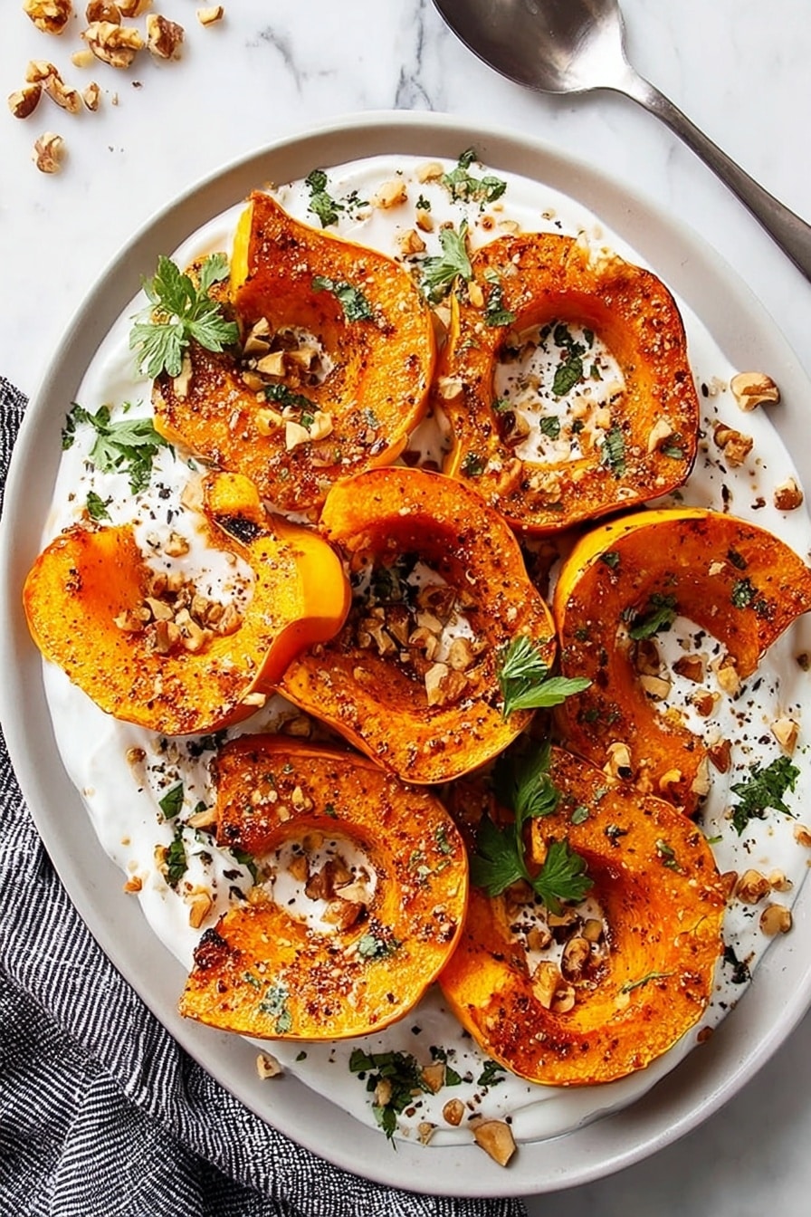 Roasted Honeynut Squash with Whipped Ricotta and Walnut Garnish, healthy fall squash recipes, cozy roasted squash side dish, easy autumn vegetable recipes, elegant appetizer recipes for fall - The image shows eight pieces of roasted orange squash with a slightly crispy texture, arranged on top of a white creamy sauce spread unevenly over a white plate. The squash pieces are scattered with chopped nuts and green fresh herb leaves. The plate rests on a white marbled surface, with a striped cloth and a silver spoon partly visible behind it. The overall colors are warm orange, creamy white, and green, creating a fresh and rustic look. Photo taken with an iphone --ar 2:3 --v 7