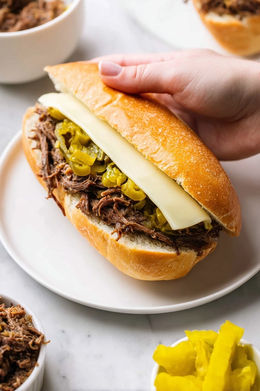 Italian Slow Cooker Beef Sandwiches with Pepperoncini, beef sandwich recipes, slow cooker beef sandwiches, pepperoncini beef sandwich ideas, easy slow cooker sandwiches - A close-up view of a sandwich held by a woman's hand, showing three main layers inside a soft, lightly toasted golden brown sub roll. The bottom layer is tender, shredded brown meat filling the bread. On top of the meat, there is a layer of sliced green pickled peppers scattered unevenly. The top layer consists of a single slice of white cheese that extends along the length of the sandwich. The sandwich rests on a plain white plate set on a white marbled surface, with a small bowl of bright yellow pickled peppers and a partial view of a white bowl filled with a chunky brown mixture nearby. Photo taken with an iphone --ar 2:3 --v 7