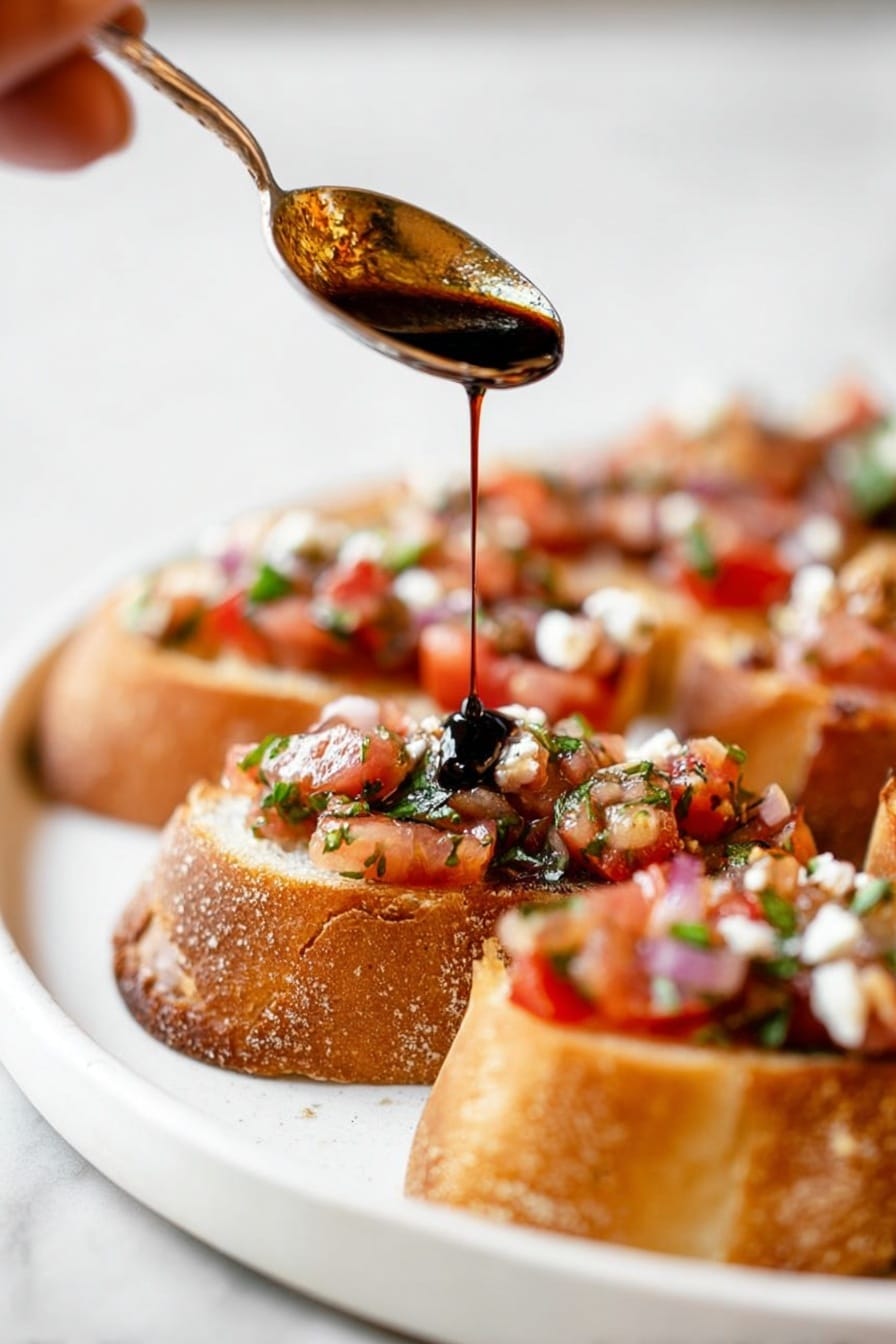 Tomato Bruschetta with Balsamic Glaze, easy tomato bruschetta, homemade balsamic glaze, fresh appetizer recipes, flavorful tomato toasts - The image shows several slices of crusty bread with rough, golden brown edges placed on a white plate. Each slice is topped with chopped tomatoes, green herbs, and small bits of white cheese, creating a textured and colorful layer on top of the bread. A woman's hand holds a spoon above the slices, pouring a thick, dark liquid drizzle over the toppings. The background and surface have a white marbled texture, adding a clean and bright contrast to the vivid colors of the bruschetta. Photo taken with an iphone --ar 2:3 --v 7