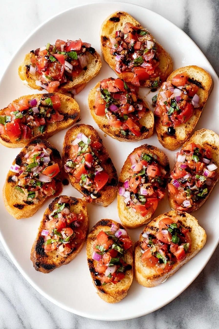 Tomato Bruschetta with Balsamic Glaze, easy tomato bruschetta, homemade balsamic glaze, fresh appetizer recipes, flavorful tomato toasts - The image shows several slices of toasted bread arranged on a round white plate placed on a white marbled surface. Each slice has a thick base with a light brown, crunchy crust and a soft interior. On top of each slice is a colorful mixture consisting of small pieces of red tomatoes, finely chopped purple onions, green basil leaves, and small bits of white garlic or cheese, all lightly drizzled with dark balsamic glaze. The toppings are evenly spread, sitting prominently above the bread, creating a vibrant and fresh presentation. Photo taken with an iphone --ar 2:3 --v 7