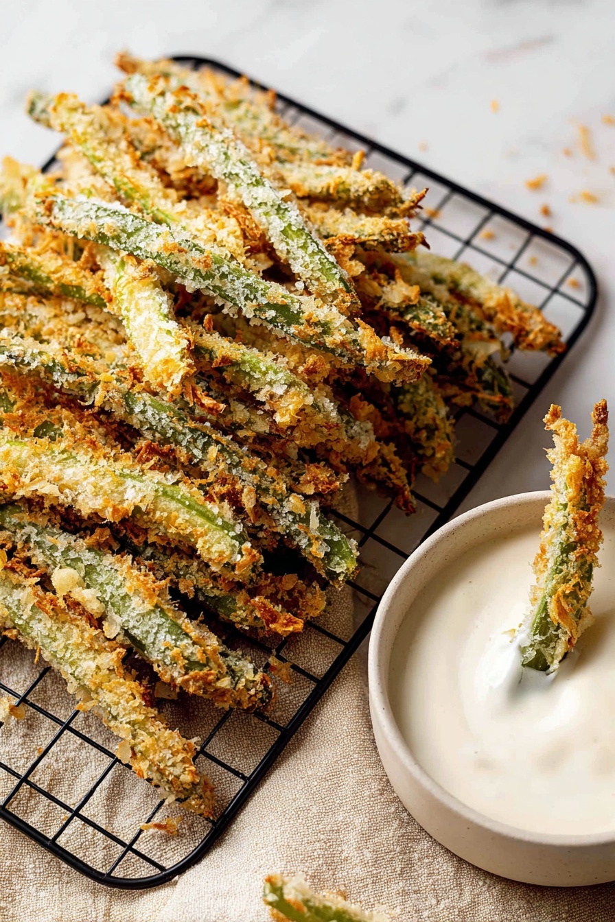 Green Bean Fries, crispy green bean snack, baked green bean appetizer, healthy green bean recipe, crunchy green bean sticks - The image shows many breaded green beans stacked on a black wire cooling rack on a white marbled surface with a beige cloth underneath. The beans have a crunchy, golden-brown coating with bits of light and darker browns and the green of the beans is visible under the crumbs. To the right, there is a white bowl filled with thick, creamy white dip, with two breaded green beans dipped into it. The texture of the dip is smooth and slightly shiny. Photo taken with an iphone --ar 2:3 --v 7