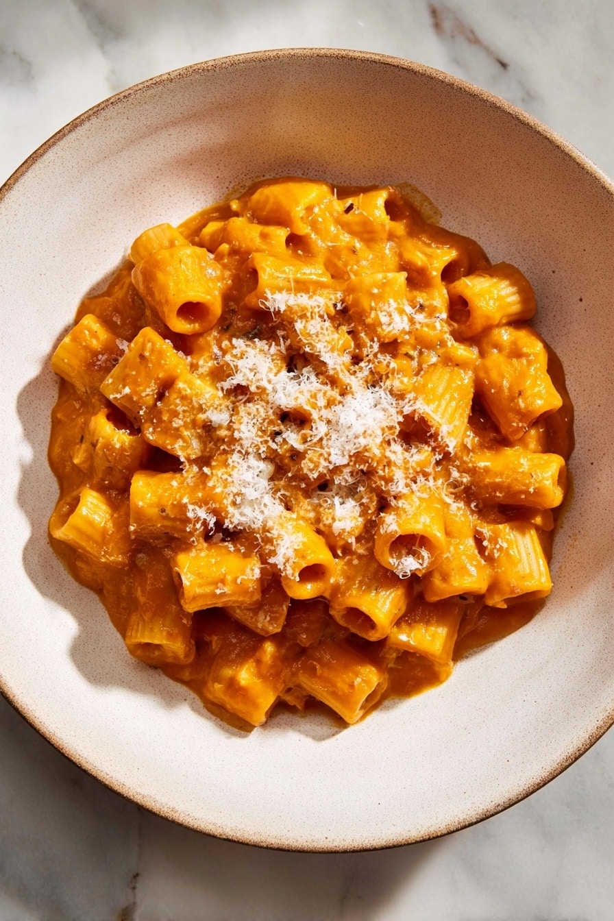 Roasted Pumpkin and Garlic Pasta, roasted pumpkin pasta, pumpkin garlic pasta, comforting pumpkin pasta dish, easy fall pasta recipes - A round white bowl holds a single layer of small tube pasta covered in thick, smooth orange sauce. The pasta is closely packed, and the sauce looks creamy and rich, evenly coating each piece. On top, there is a light sprinkle of finely grated white cheese that adds a soft texture contrast. The bowl sits on a white marbled surface, and the lighting is natural and soft, highlighting the warm colors of the dish. photo taken with an iphone --ar 2:3 --v 7