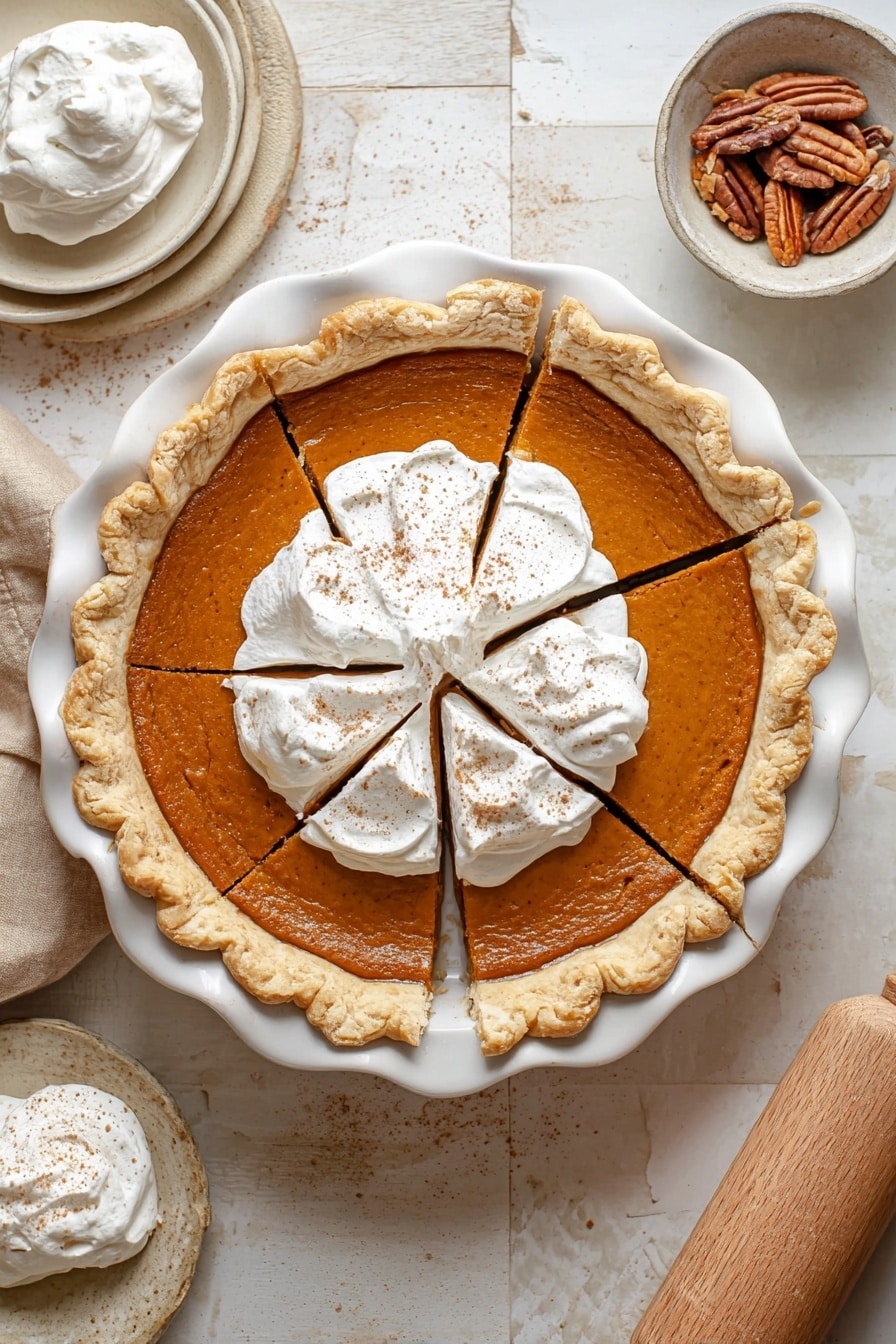 Vegan Pumpkin Pie, vegan pumpkin pie recipe, plant-based pumpkin dessert, dairy-free pumpkin pie, easy vegan pumpkin pie - A pumpkin pie in a white scalloped pie dish sits on a white marbled surface, with eight slices clearly cut but still in place. The pie has a golden-brown flaky crust that surrounds a smooth, deep orange pumpkin filling. In the center, a thick layer of white whipped cream is spread over four slices, lightly sprinkled with cinnamon or nutmeg. Around the pie, there is a small bowl of whipped cream, a plate, a pecan bowl, and a rolling pin, all on the white marbled surface. photo taken with an iphone --ar 2:3 --v 7