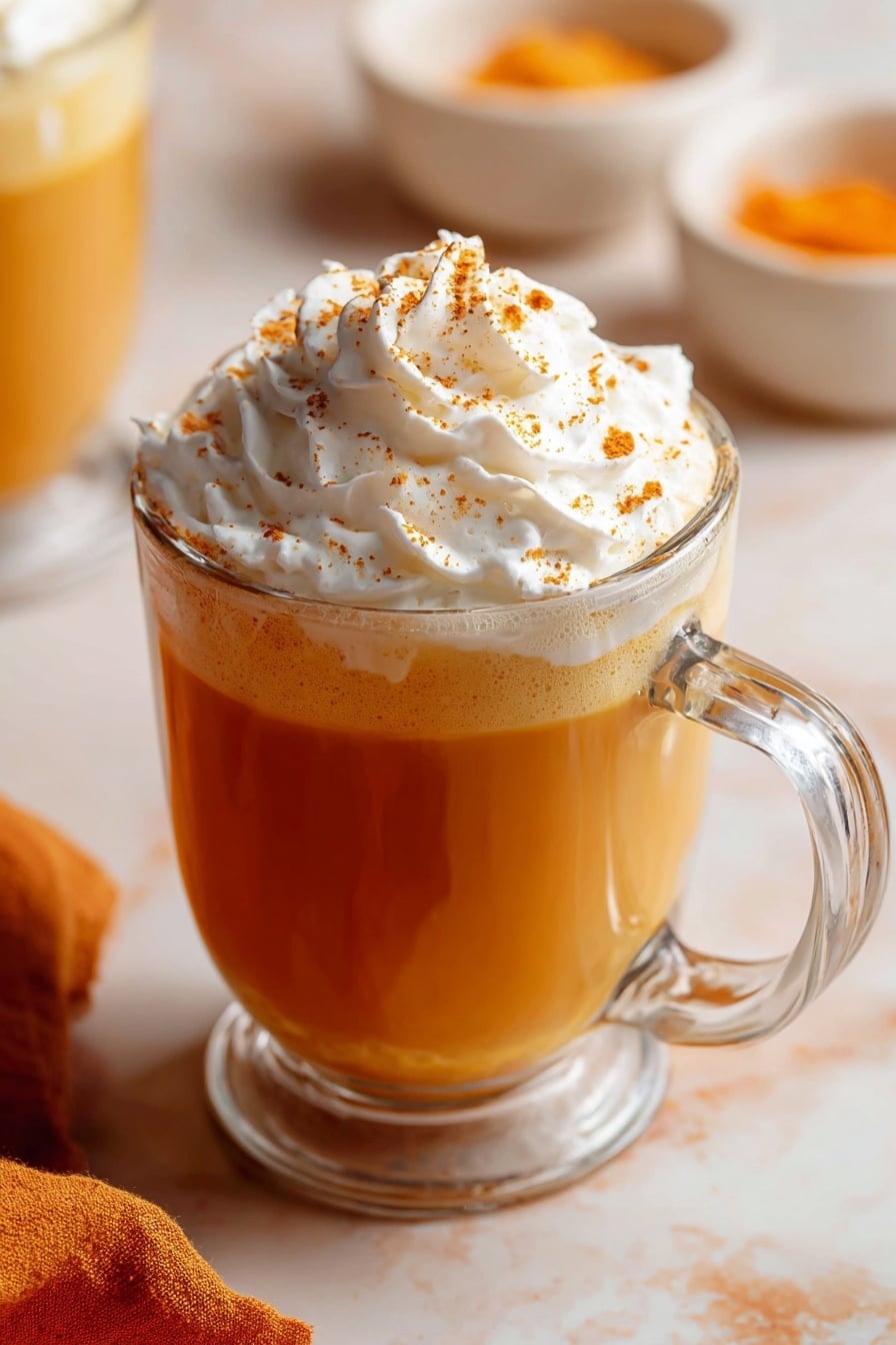 Vegan Pumpkin Spice Latte, dairy-free pumpkin spice drinks, fall vegan coffee recipes, plant-based pumpkin latte, cozy vegan hot beverages - A clear glass cup filled with two layers: a thick orange-colored frothy liquid at the bottom and a tall, white swirled whipped cream layer on top sprinkled lightly with orange spice powder. The cup has a clear handle and sits on a surface with a white marbled texture. An orange cloth is partly visible in the bottom left corner, and blurred small white bowls with orange contents appear in the background. photo taken with an iphone --ar 2:3 --v 7