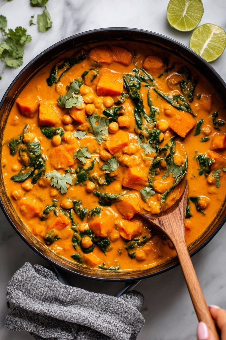 Sweet Potato Curry with Chickpeas, healthy sweet potato curry, vegetarian chickpea curry, quick vegan dinner, flavorful curry recipes - A black pot filled with a bright orange creamy stew, showing three main layers: soft orange sweet potato cubes, round light beige chickpeas, and fresh green spinach leaves mixed throughout. The stew sauce is thick and coats the ingredients evenly with a smooth texture. Some chopped cilantro leaves float on top, adding a darker green color. A wooden spoon rests partly inside the pot, stirring the thick stew. Lime wedges and fresh cilantro sprigs lie on a white marbled surface near the pot. A woman's hand holds the pot handle wrapped in a gray cloth. Photo taken with an iphone --ar 2:3 --v 7
