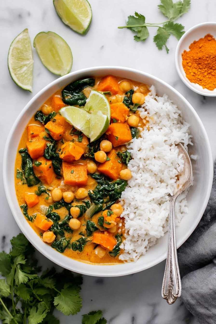 Sweet Potato Curry with Chickpeas, healthy sweet potato curry, vegetarian chickpea curry, quick vegan dinner, flavorful curry recipes - The image shows a white bowl with two main layers: on the right side, there is a layer of plain white rice with a shiny silver spoon resting on it; on the left side, an orange curry with chickpeas, soft cubed pieces of orange sweet potato, and dark green spinach leaves mixed in. Two green lime wedges are placed on top of the rice next to the curry. The bowl is on a white marbled surface with a small white dish of orange powder and two lime wedges in the background. Some fresh green cilantro leaves are placed near the bowl. photo taken with an iphone --ar 2:3 --v 7