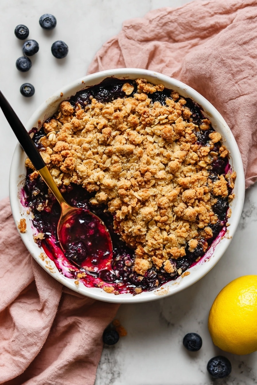 Apple and Blueberry Crumble, Apple and Blueberry Crumble Recipe, easy fruit crumble dessert, homemade fruit crumble, cozy fall dessert - The image shows a white round dish filled with a baked blueberry crumble. The dessert has two layers: the bottom layer consists of cooked, glossy, deep blue and purple blueberries mixed with a thick fruit sauce visible where a portion is scooped out, and the top layer is a golden-brown oat crumble with a rough textured surface made of small chunks and scattered oats. A black spoon with a golden tip is placed inside the dish resting in the fruit layer. Around the dish, there is a soft pink cloth on a white marbled surface, a whole yellow lemon, and scattered fresh blueberries. Photo taken with an iphone --ar 2:3 --v 7