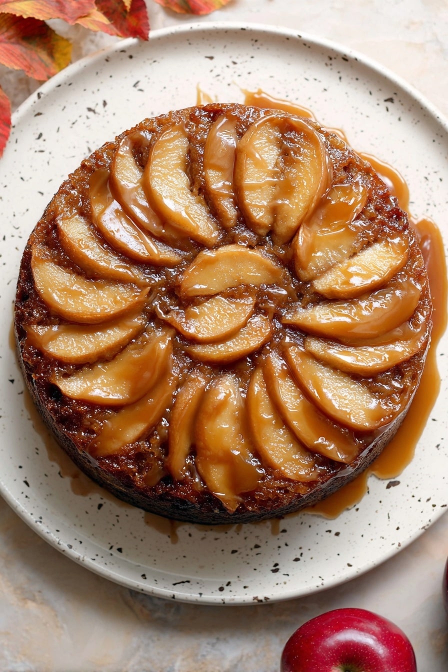 Vegan Apple Upside Down Cake, plant-based apple cake, vegan fall dessert, healthy apple upside down cake, dairy-free apple cake - A round upside-down apple cake with thinly sliced apple pieces arranged in a circular pattern on top, glazed with a shiny brown caramel sauce that covers the entire surface and edges; the cake itself is dense and dark brown, sitting on a white plate with small speckled patterns, all placed on a white marbled texture background with a red apple partially visible in the bottom right corner, and some autumn-colored leaves in the top left corner photo taken with an iphone --ar 2:3 --v 7