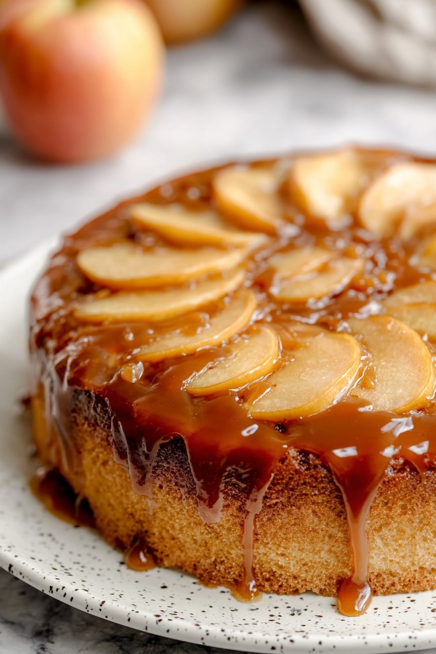 Vegan Apple Upside Down Cake, plant-based apple cake, vegan fall dessert, healthy apple upside down cake, dairy-free apple cake - A round cake with a single layer of light brown sponge at the bottom, topped with a thick, shiny caramel glaze that drips slightly over the edges. On top, thin apple slices with a pale yellow color are neatly arranged in a circular pattern, covered evenly by the sticky caramel glaze. The cake is on a white plate with small black specks, placed on a white marbled surface. In the background, a blurred apple can be seen. photo taken with an iphone --ar 2:3 --v 7