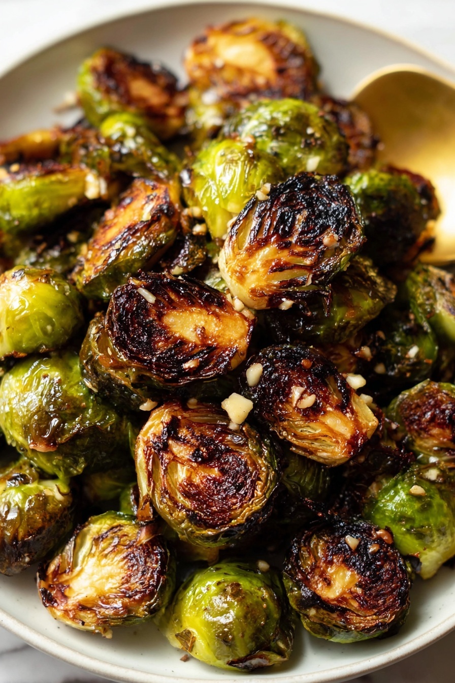 Best Roasted Brussels Sprouts, roasted Brussels sprouts, crispy Brussels sprouts, healthy Brussels sprouts side dish, easy Brussels sprouts recipe - A close-up view of roasted Brussels sprouts on a white plate, showing about two layers of halved sprouts. Each sprout has a rich mix of deep charred brown and vibrant green colors with a crispy, textured surface. Small bits of chopped garlic are scattered on top, adding a light cream color contrast. A golden spoon is partially visible on the right side of the plate. The plate sits on a white marbled surface, and the lighting highlights the shiny, caramelized glaze on the sprouts. Photo taken with an iphone --ar 2:3 --v 7