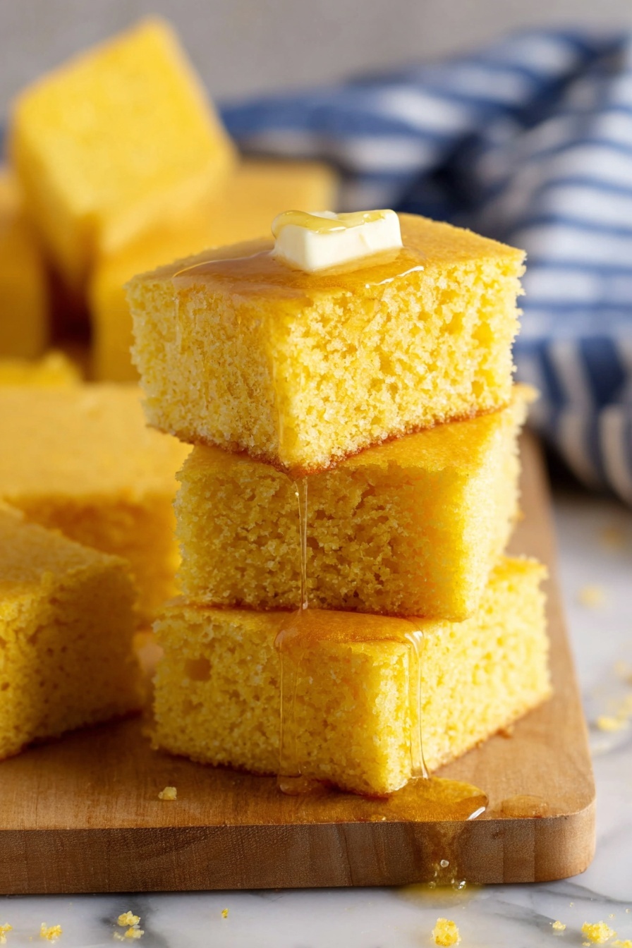 Vegan Cornbread, Vegan Cornbread Recipe, Plant-Based Cornbread, Moist Vegan Cornbread, Easy Vegan Cornbread - The image shows a stack of two pieces of yellow cornbread, each piece has a soft and slightly crumbly texture. The top piece has a thin square of pale yellow butter resting in the center. The cornbread pieces are cut into neat squares with visible small air holes throughout, showing a light and fluffy interior. The stack is placed on a light wood board that is partially resting on a white marble surface. Other pieces of cornbread are scattered around the background with a blue and white striped cloth softly blurred in the background. photo taken with an iphone --ar 2:3 --v 7