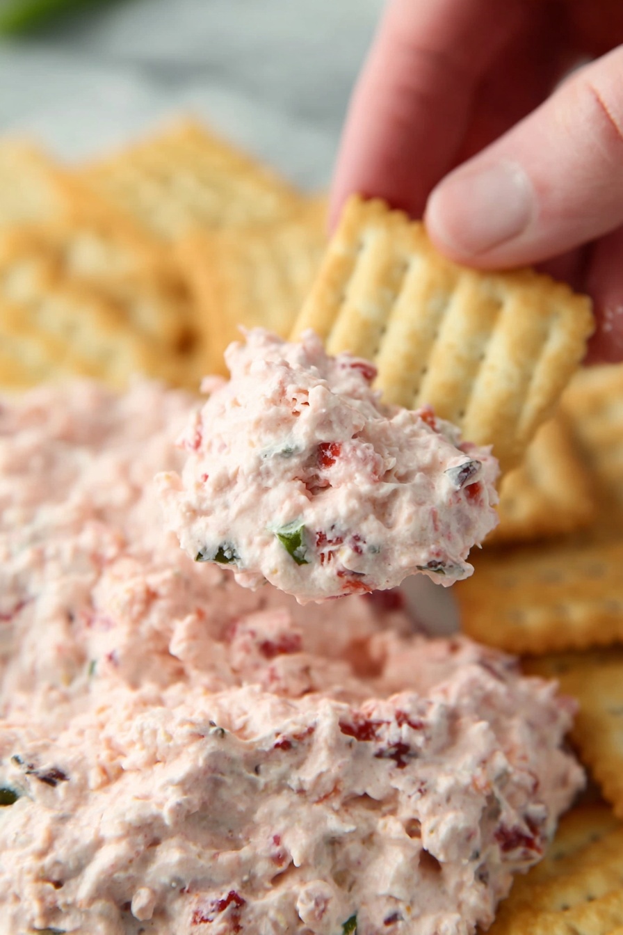 Cranberry Jalapeno Dip, holiday dip with cranberries and jalapenos, spicy and sweet dip, easy vegan dip recipes, festive party dip - A woman’s hand is holding a rectangular, light tan cracker with ridged edges, scooping up a chunky pink dip that has visible bits of red and green inside. Below, there is a generous layer of the same pink dip spread unevenly on more crackers, all placed on a white marbled surface. The dip looks creamy with a rough texture from the small pieces mixed in. The background fades softly showing more crackers with dip on the white marbled texture. photo taken with an iphone --ar 2:3 --v 7