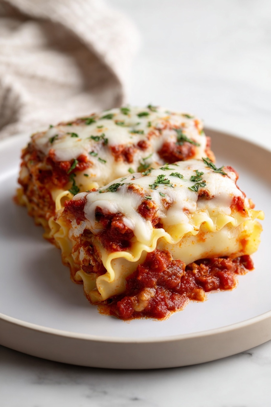 Vegan Lasagna Rolls, vegan lasagna rolls recipe, plant-based lasagna rolls, vegan lasagna roll-ups, vegan pasta casserole - Two rolled lasagna pieces sit side by side on a simple white plate. Each lasagna roll shows visible layers: a bottom layer of soft, wavy, pale-yellow pasta sheets, a middle layer of chunky red tomato sauce mixed with bits of meat, and a top layer of melted white cheese with some fresh green herb pieces sprinkled over. The red sauce slightly seeps down the sides, and the cheese has a lightly browned texture. The plate rests on a white marbled surface with a soft out-of-focus cloth in the background. Photo taken with an iphone --ar 2:3 --v 7