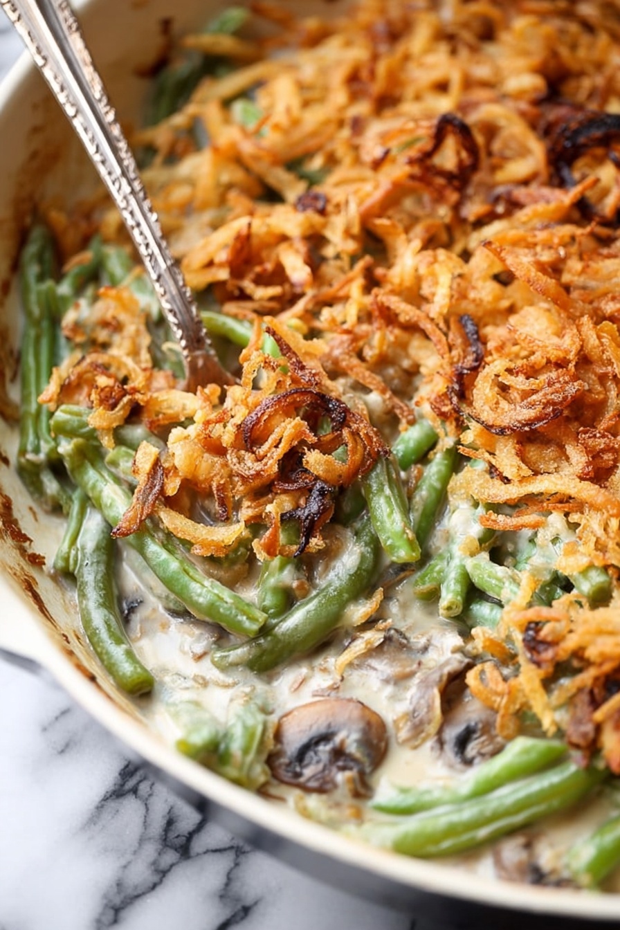 Vegan Green Bean Casserole, plant-based green bean casserole, dairy-free green bean side dish, vegan holiday side recipe, crispy fried onion green beans - A black cast iron skillet filled with a creamy green bean casserole is shown. The bottom layer consists of a smooth, light beige creamy sauce mixed with sliced mushrooms, visible around the edges. Above that, bright green bean pieces are spread evenly, some mixed into the sauce. The top layer is a generous layer of crispy, golden-brown fried onion strings that cover most of the casserole, with some dark, toasted spots adding texture and contrast. A silver utensil is partially submerged on the right side, revealing the layers inside. The skillet sits on a white marbled surface. photo taken with an iphone --ar 2:3 --v 7
