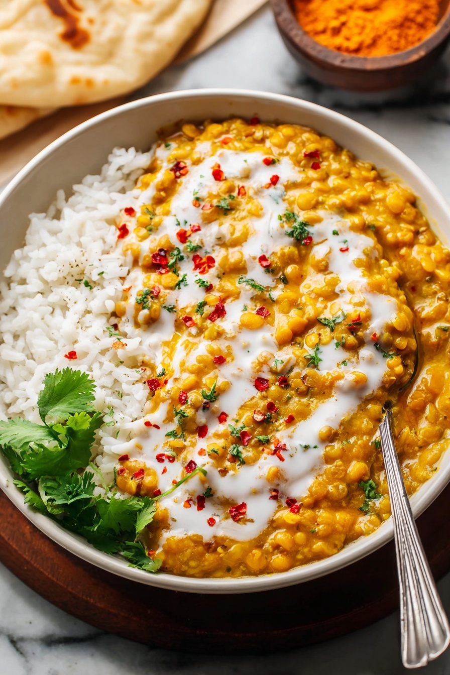 Red Lentil Dahl, quick and easy lentil dahl, healthy vegetarian dinner, comforting weeknight meal, flavorful vegan lentil dish - A white bowl holds two main layers: on the left side, there is plain white rice with a soft, fluffy texture; on the right, there is a thick yellow-orange lentil stew topped with white creamy sauce drizzled diagonally, scattered small red chili flakes, and tiny green herbs. In the front bottom left corner of the bowl, fresh green cilantro leaves add color contrast. A silver spoon rests inside the bowl on the right side, slightly submerged in the lentil stew. The bowl is on a surface with a white marbled texture, with some flatbread partially visible in the background and a small brown bowl containing orange powder out of focus in the upper right. Photo taken with an iphone --ar 2:3 --v 7