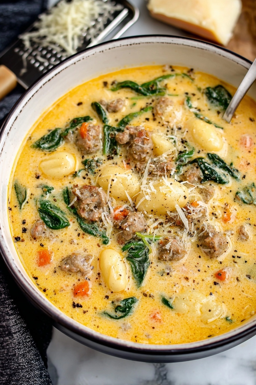 Creamy Italian Sausage Gnocchi Soup, Italian Sausage Soup, Gnocchi Soup Idea, Cozy Soup Recipes, Hearty Italian Soup - A bowl filled with a creamy yellow soup containing round gnocchi pieces that are slightly shiny and smooth. Mixed within the soup are browned meat pieces with a crumbly texture and small bits of orange carrots scattered throughout. There are dark green spinach leaves adding color contrast. The soup looks thick and warm, with some grated cheese sprinkled on top and around the bowl edges. The bowl is white and set on a white marbled surface, with a striped cloth nearby and a block of cheese partially visible in the background. photo taken with an iphone --ar 2:3 --v 7