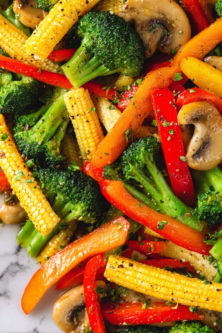 Vegetable Stir Fry with Garlic, Ginger, and Savory Sauce, healthy vegetable stir fry, quick stir fry recipe, flavorful vegetable stir fry, easy vegetarian dinner - The image shows a close-up of a colorful mix of stir-fried vegetables. The dish has three main layers: bright green broccoli florets with a slightly rough texture, yellow baby corn with a bumpy surface scattered throughout, and long strips of bell peppers in red, orange, and yellow with a smooth, shiny look. There are also pieces of light brown mushrooms with a soft, slightly glossy texture mixed in. The vegetables are sprinkled with small bits of green herbs and black pepper, which adds a speckled pattern on the surface. The whole mix sits on a background with a white marbled texture. Photo taken with an iphone --ar 2:3 --v 7