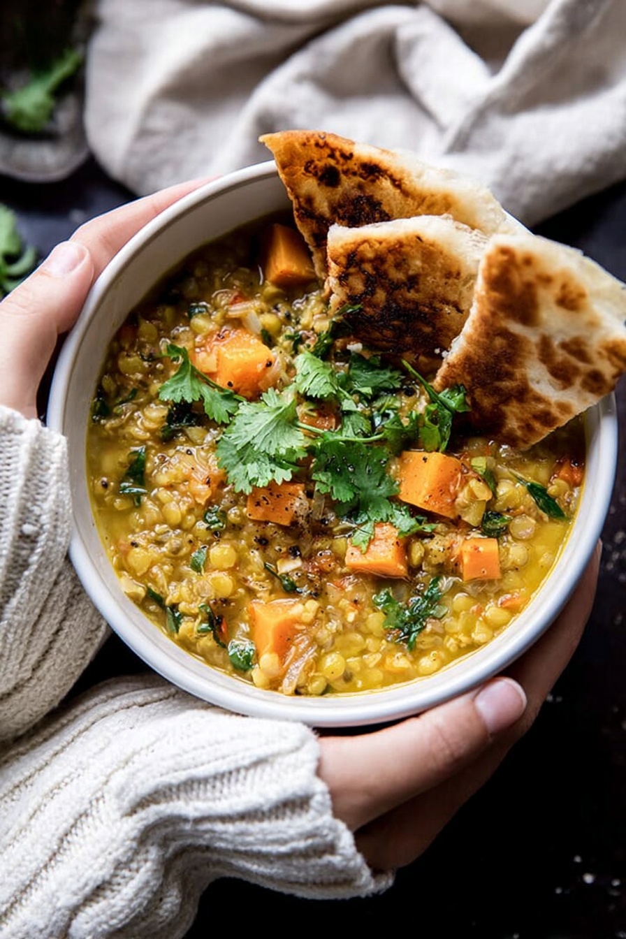 Coconut Sweet Potato Lentil Soup with Rice, healthy comforting soup, vegan curry soup, easy vegetarian lentil soup, hearty coconut potato soup - A white bowl filled with a thick lentil and rice stew showing yellow broth and chunks of orange sweet potato mixed with green herbs and lentils; two pieces of toasted flatbread folded and placed inside the bowl leaning to one side, garnished on top with fresh green cilantro leaves; the bowl is held by a woman's hands wearing a white knitted sweater over a light beige cloth, all set on a dark surface with a soft focus in the background, photo taken with an iphone --ar 2:3 --v 7