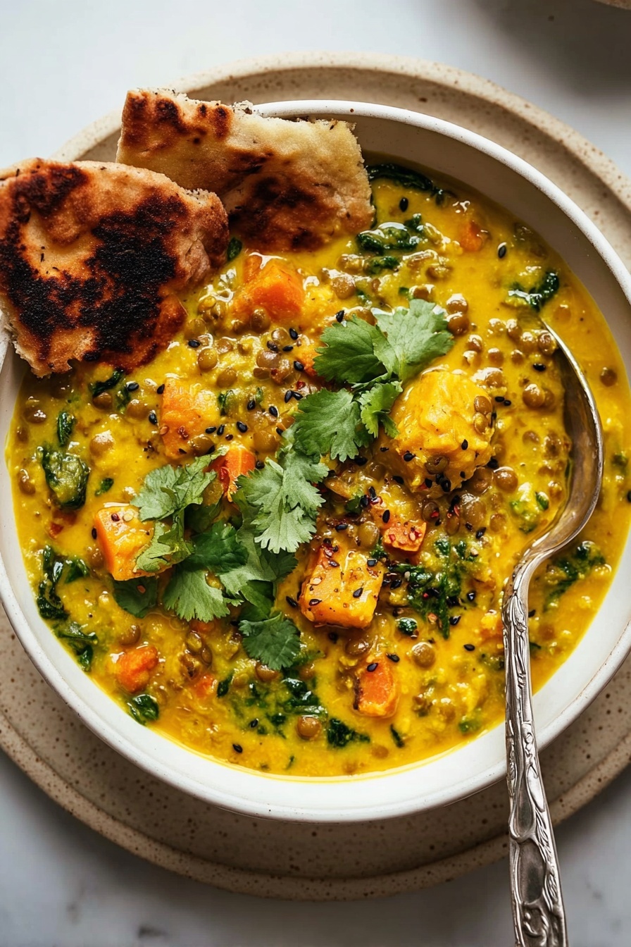 Ginger Sweet Potato and Coconut Milk Stew, Healthy Plant-Based Dinner, Nourishing Lentil and Kale Stew, Cozy Vegan Stew, Wholesome Fall Comfort Food - A white bowl filled with thick yellow curry that has green lentils and bright orange chunks of squash mixed in, garnished with fresh green cilantro leaves on top. The curry shows some small black seeds sprinkled across the surface and bits of leafy greens cooked into the sauce. On the left side inside the bowl, two pieces of toasted flatbread rest against the curry, showing a golden brown color and slight charring. A silver spoon with an ornate handle is placed inside the bowl on the right side, partially submerged in the curry. The bowl sits on a beige speckled plate, all set on a white marbled surface. Photo taken with an iphone --ar 2:3 --v 7