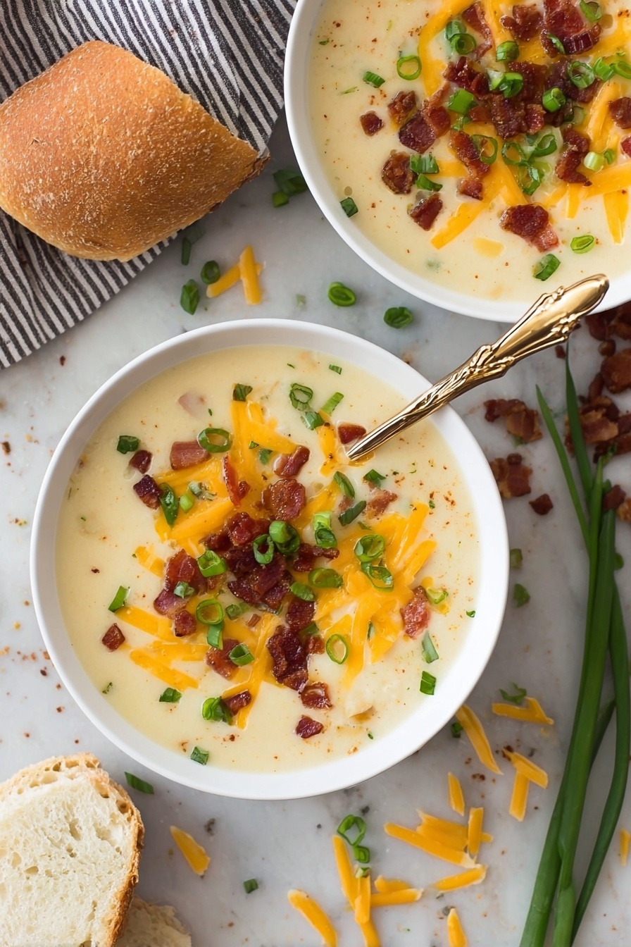 The Ultimate Potato Soup, creamy potato soup recipe, hearty potato soup, bacon potato soup, comforting potato soup - The image shows two white bowls filled with creamy, thick soup. The soup is pale yellow and topped with bright orange shredded cheese, small green chopped scallions, and small crispy brown bacon pieces evenly spread across the surface. Each bowl has a gold spoon with a twig-like handle resting inside. Around the bowls, there are scattered bits of cheese and scallions on a white marbled texture. A torn piece of light brown bread sits near the bottom left corner beside one bowl. One woman's hand holds a spoon in the bowl at the top. Photo taken with an iphone --ar 2:3 --v 7