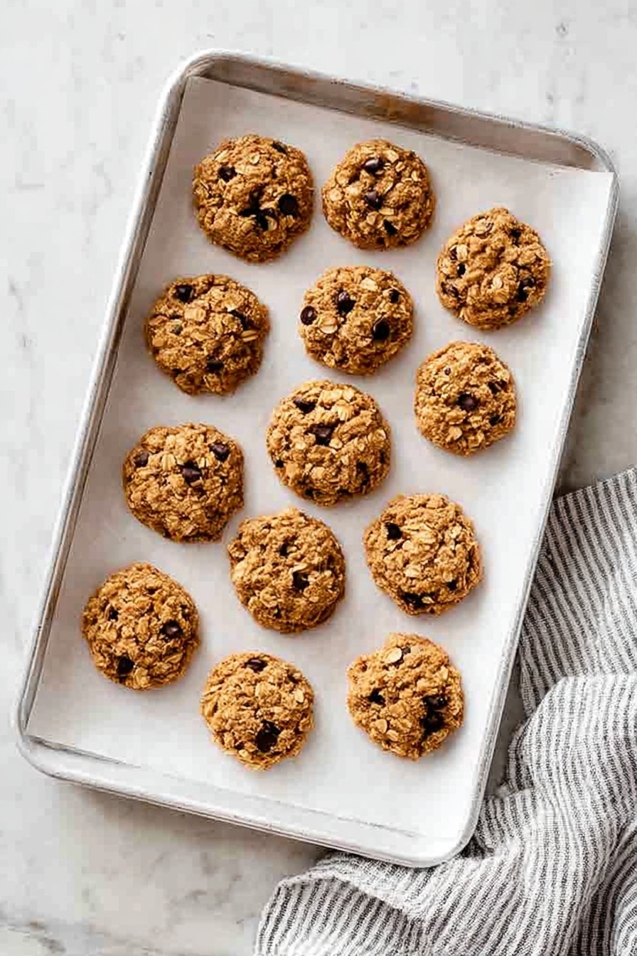 Peanut Butter No Bake Cookies, no bake cookies, easy peanut butter cookies, quick cookie recipes, chocolate peanut butter treats - A white baking tray lined with white parchment paper holds twelve round oatmeal and chocolate chip cookies arranged in rows of three and four. The cookies have a light golden brown color, with visible oats and small dark chocolate chips scattered throughout, showing a rough and textured surface. The tray rests on a white marbled surface with a gray and white striped cloth partially visible at the bottom right corner. photo taken with an iphone --ar 2:3 --v 7