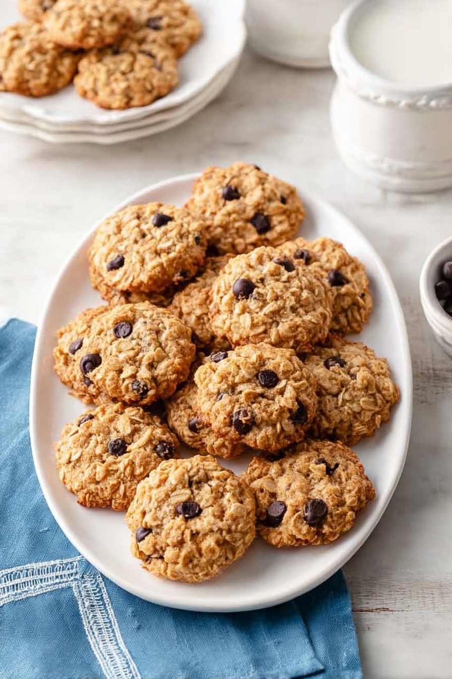 Peanut Butter No Bake Cookies, no bake cookies, easy peanut butter cookies, quick cookie recipes, chocolate peanut butter treats - A white oval plate filled with a single layer of round oatmeal cookies dotted with small dark chocolate chips. The cookies are golden brown with visible oat flakes and chocolate chips scattered evenly on the surface. The plate sits on a white marbled surface, beside a blue cloth napkin with white stitching on the corner. In the background, partially visible, are white bowls and scalloped white plates, also with oatmeal cookies. The light is soft and natural, highlighting the texture of the cookies and the smooth surface around them. photo taken with an iphone --ar 2:3 --v 7