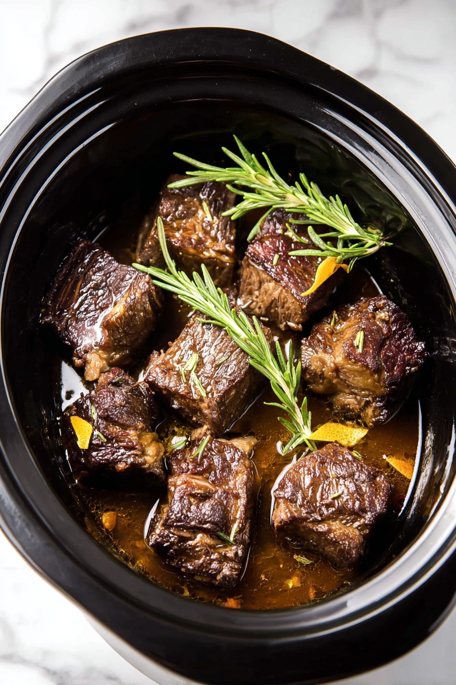 Slow Cooker Beef Short Ribs, beef short ribs dinner ideas, tender beef ribs, easy slow cooker recipes, fall-off-the-bone beef ribs - The image shows a black slow cooker filled with eight pieces of dark brown cooked meat, each piece having a slightly crispy texture on the outside and some visible fat. The meat pieces are partly sitting in a thin brown sauce with a few small slices of yellow zest or strips. On top of the meat lies a green sprig of rosemary for garnish. The slow cooker is placed on a white marbled surface. photo taken with an iphone --ar 2:3 --v 7