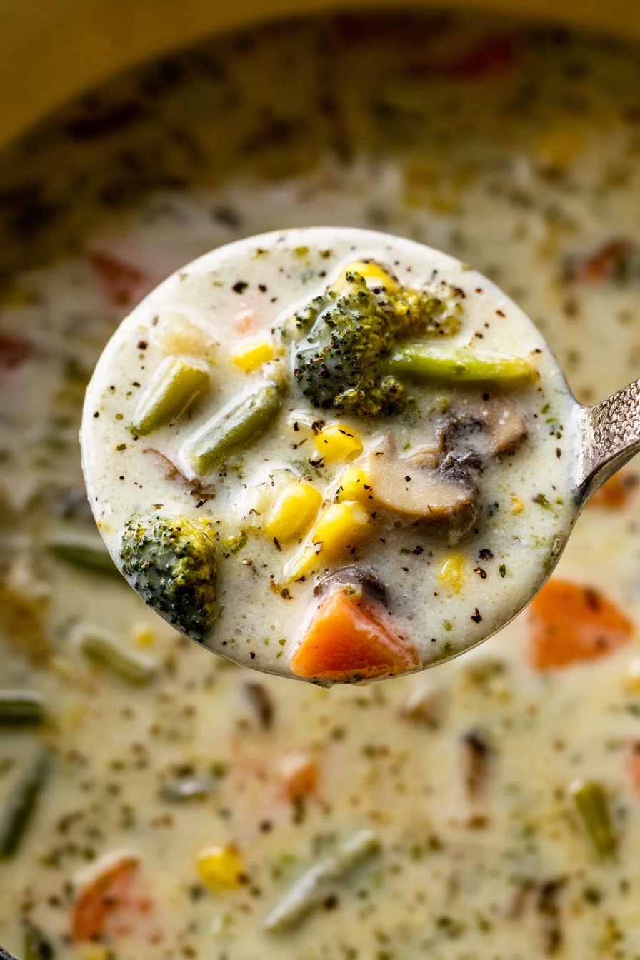 Creamy Vegetable Soup, vegetable soup recipe, healthy creamy soup, easy vegetable soup, comfort food recipes - A close-up view of a spoon filled with creamy vegetable soup held above a pot. The soup has a thick white base with small black pepper specks, and visible pieces of carrots, green beans, corn, broccoli, and mushrooms. The soup has a soft texture with mixed colors of green, orange, yellow, and brown from the vegetables. The background shows the same soup in the pot with some light reflections on the surface. Photo taken with an iphone --ar 2:3 --v 7