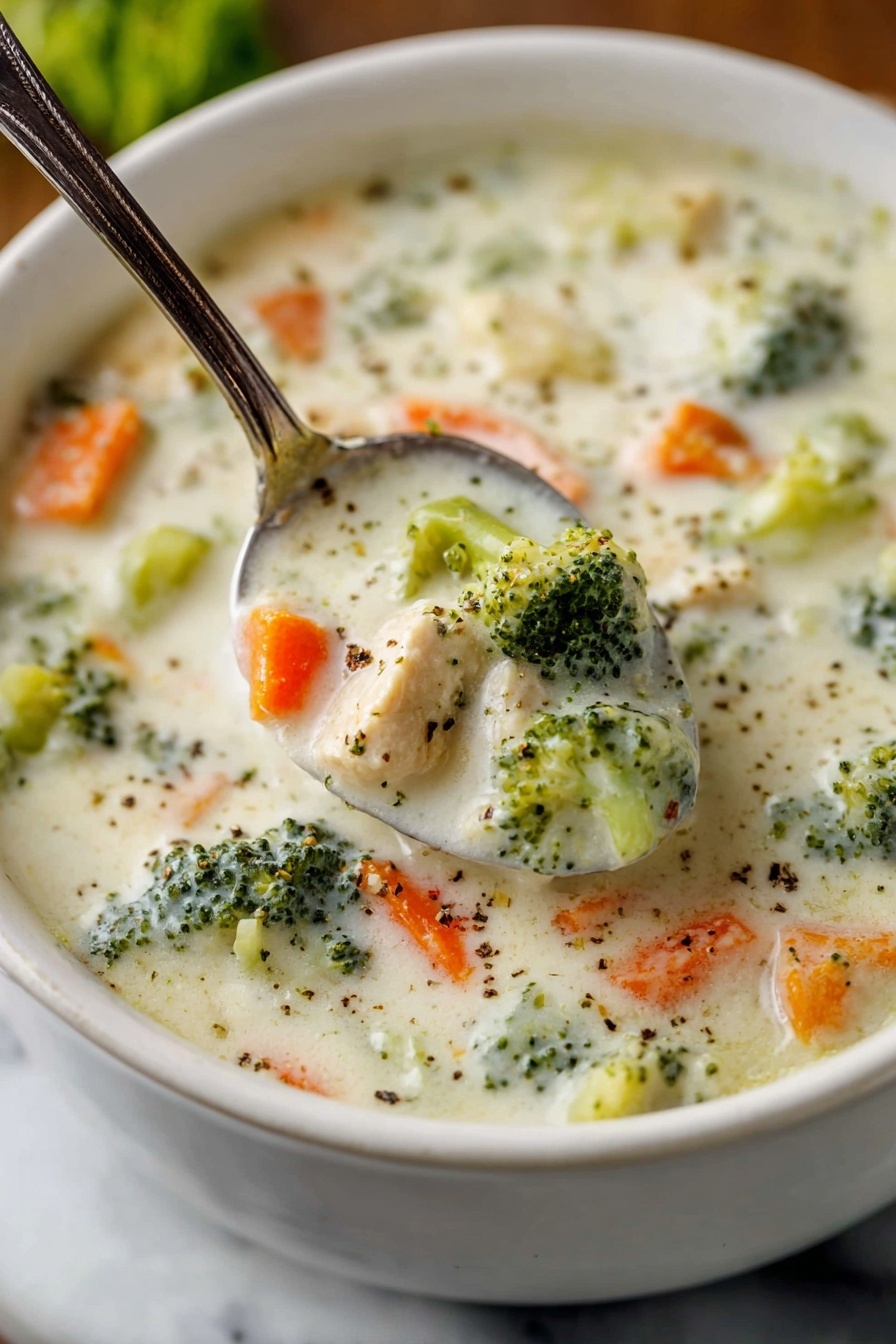 Creamy Vegetable Soup, vegetable soup recipe, healthy creamy soup, easy vegetable soup, comfort food recipes - A white bowl filled with creamy thick soup showing chunks of bright green broccoli, orange carrots, and small pieces of chicken mixed in the white creamy broth. A silver spoon scoops some of the soup, highlighting the texture with visible pepper specks on top, all set on a white marbled surface. photo taken with an iphone --ar 2:3 --v 7